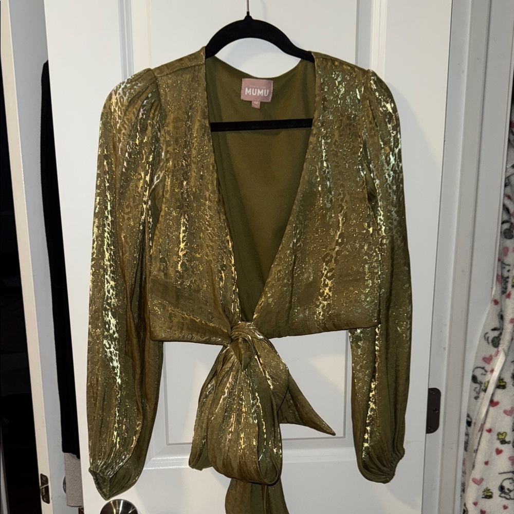 Show Me Your Mumu Gold Metallic Tie-Front Blouse